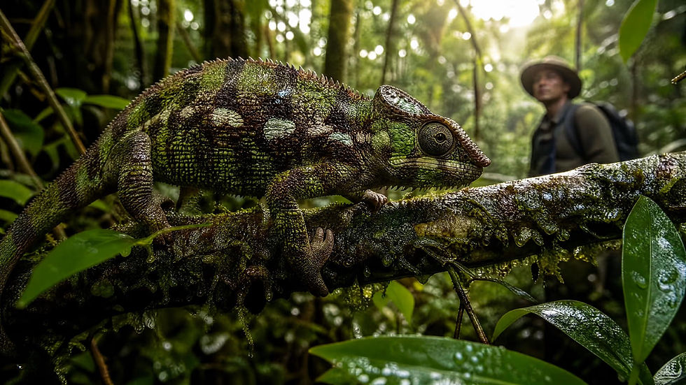 Gros plan sur un caméléon aux écailles vertes et brunes, perché sur une branche moussue dans une forêt tropicale, avec un guide en arrière-plan.