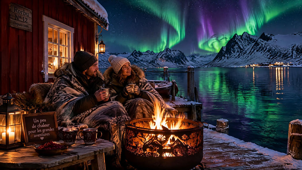 Veillée privée au coin du feu sous les aurores boréales face à un fjord en Norvège.