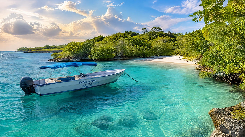 Crique préservée des îles du Rosaire au large de Carthagène avec bateau privatisé au mouillage dans des eaux turquoise.