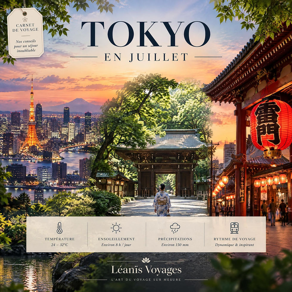 Guide voyage sur-mesure à Tokyo en juillet avec Léanïs Voyages, entre gratte-ciels illuminés et sanctuaires estivaux.