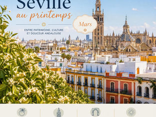 Vue panoramique de Séville au printemps avec la Giralda, orangers en fleurs et façades colorées du centre historique, labellisée "Mars".