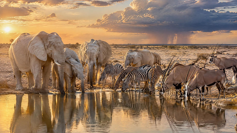 Éléphants, zèbres et oryx réunis autour d'un point d'eau dans le parc national d'Etosha en novembre.