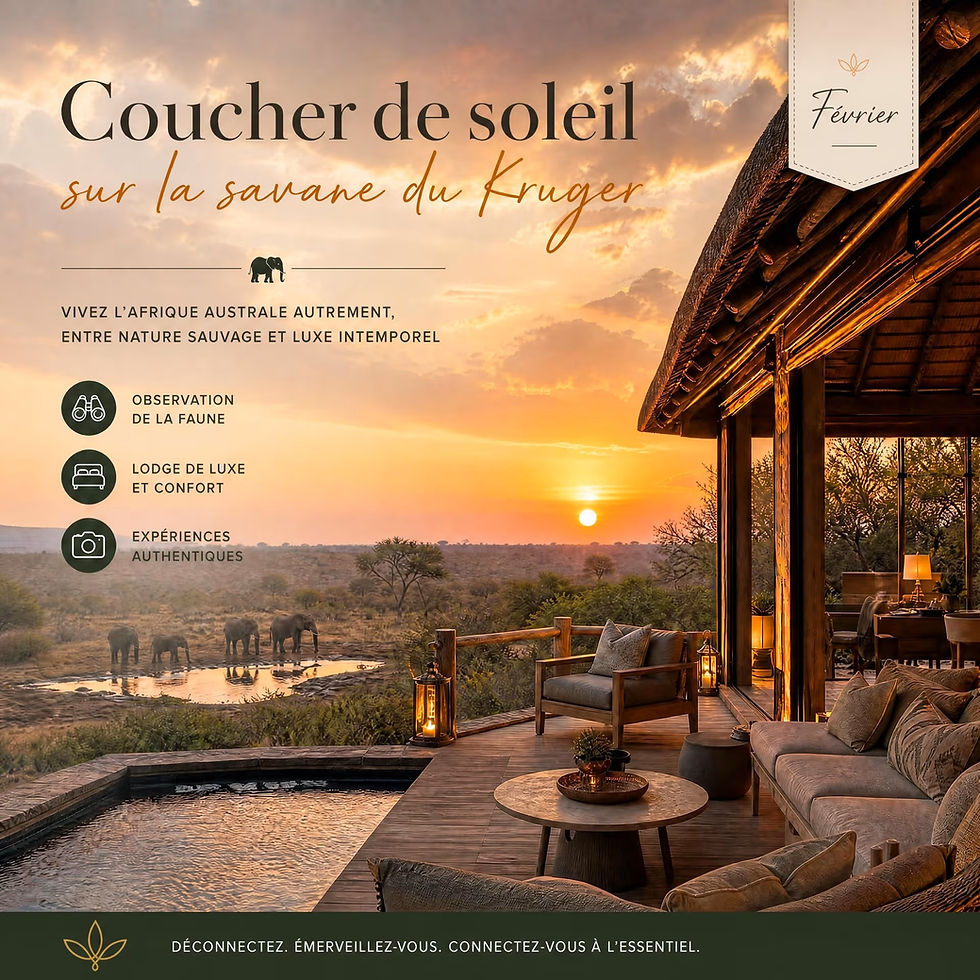 Coucher de soleil sur une réserve privée du Kruger avec éléphants, piscine à débordement et lodge de luxe, Afrique du Sud.