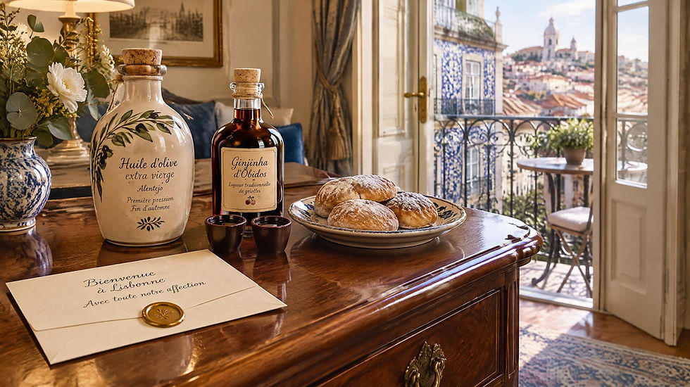 Coffret artisanal de bienvenue Léanïs Voyages à Lisbonne avec huile d'olive d'Alentejo, Ginjinha et douceurs traditionnelles portugaises.