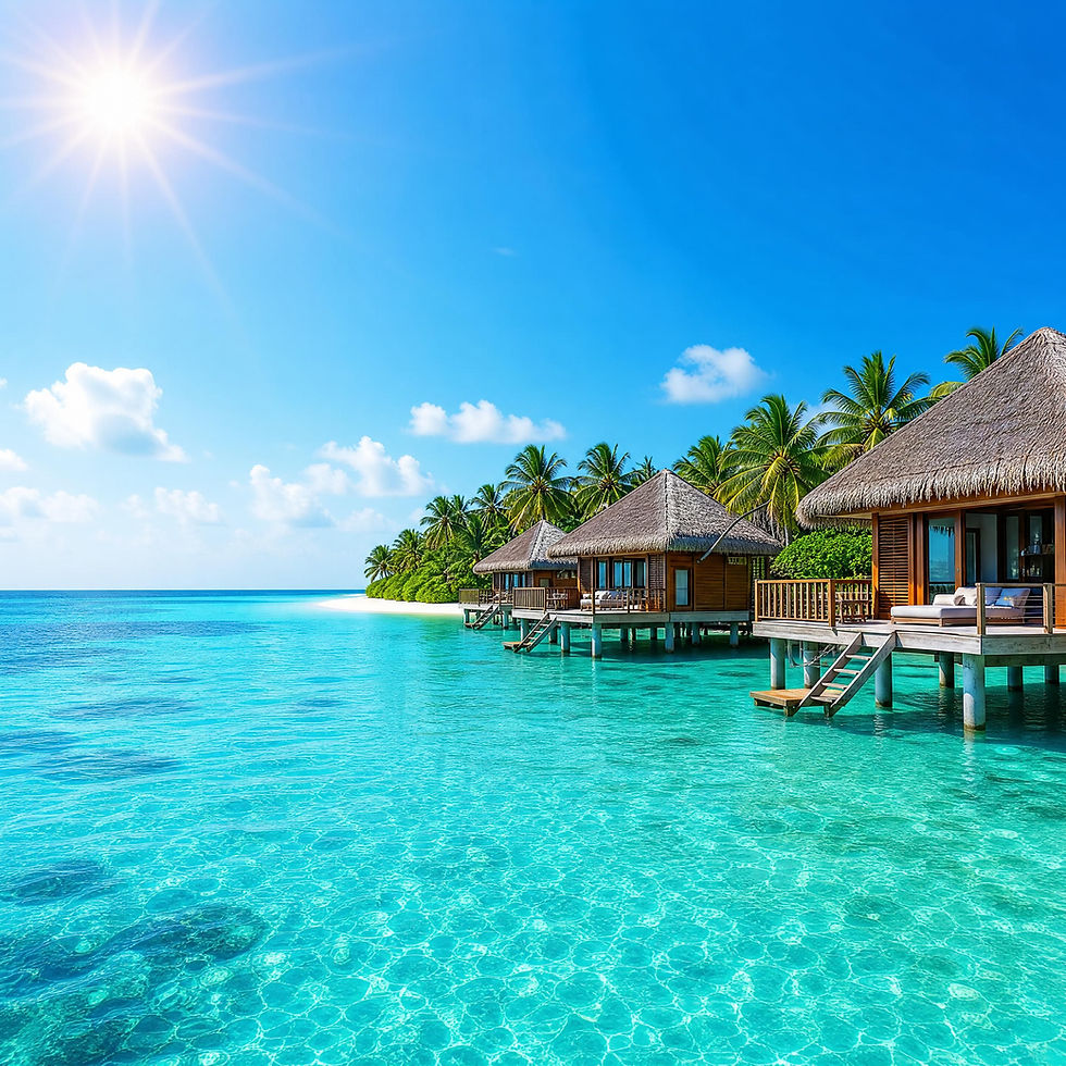 Bungalows sur pilotis aux toits de chaume au-dessus d'un lagon turquoise cristallin aux Maldives, sous un ciel bleu ensoleillé entouré de palmiers.