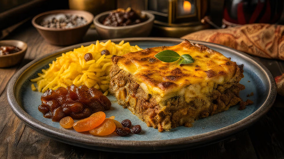 Plat traditionnel de bobotie sud-africain doré au four, servi avec du riz jaune au curcuma et du chutney.