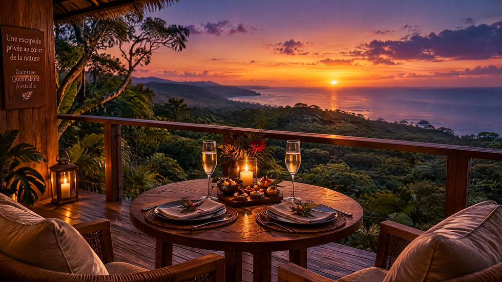 Apéritif intimiste au coucher du soleil sur un promontoire secret dominant la forêt tropicale de Daintree en Australie