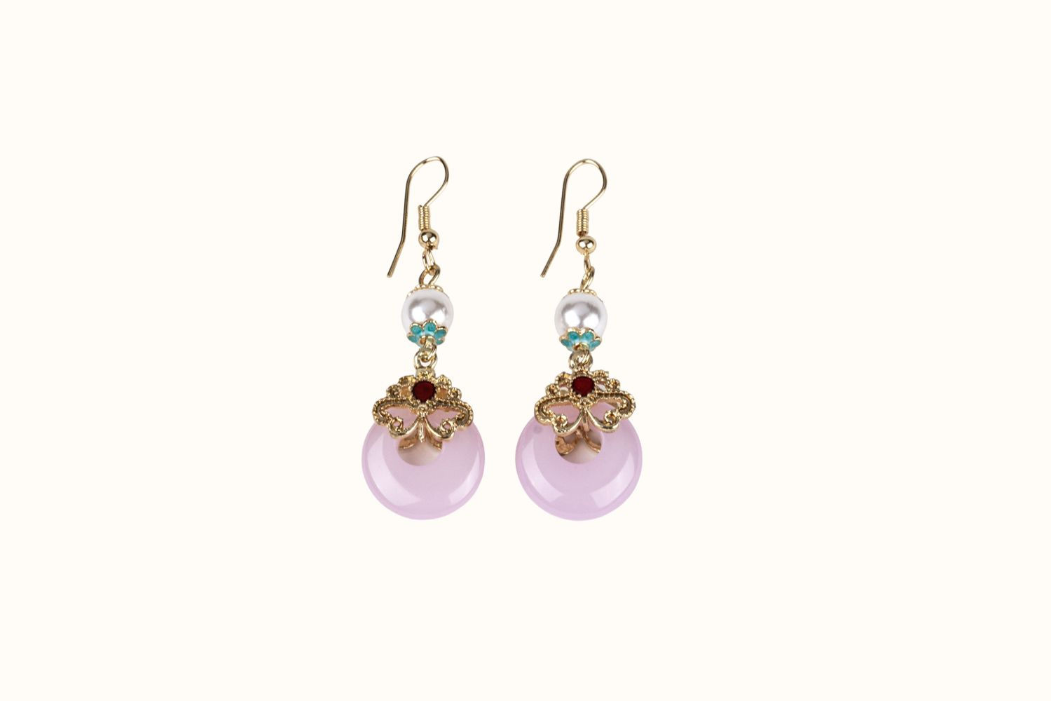 Dangling Earrings – Gold Tone with Pearl & Pink Stone | Ear 154