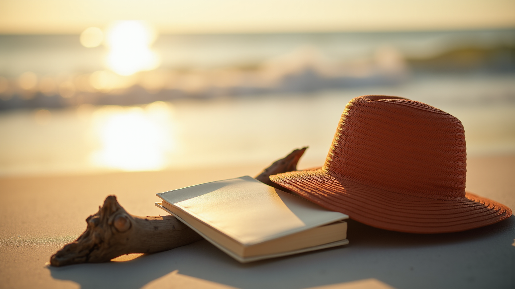 A hat and book gently resting on a piece of driftwood, all on a beach looking at calm water.