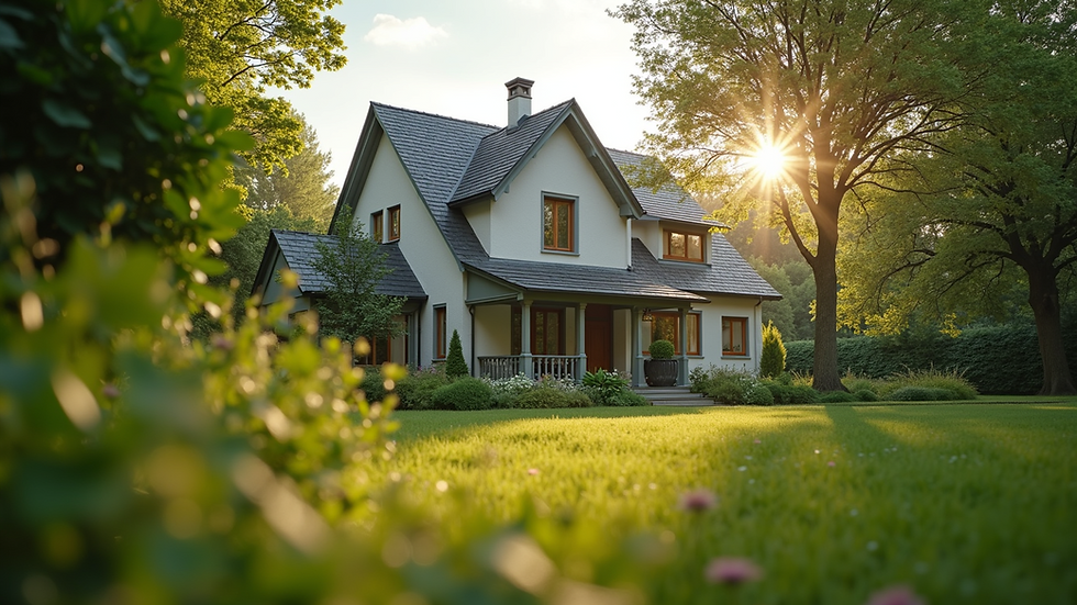 Eye-level view of a family home surrounded by a lush garden