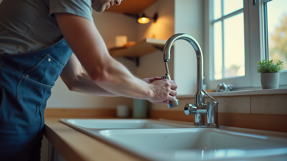 Eye-level view of a handyman fixing a kitchen faucet