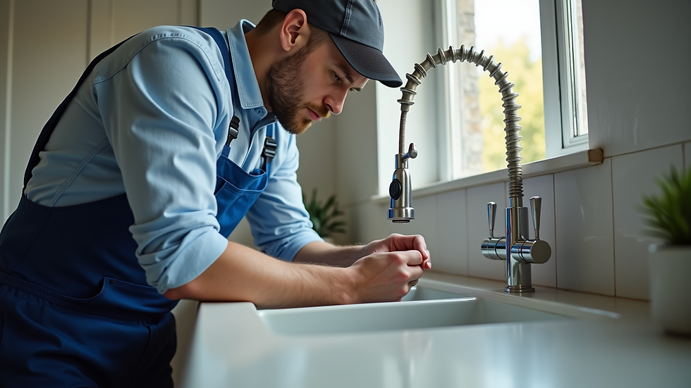 Eye-level view of a plumber fixing a kitchen sink faucet