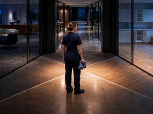 Commercial cleaner stands at a four-way office crossroads representing recurring cleaning, deep cleaning, floor care, and move-out services.