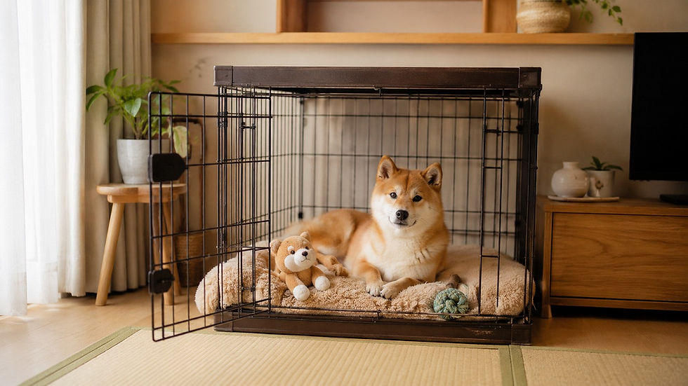 クレートの中で落ち着いて留守番する柴犬