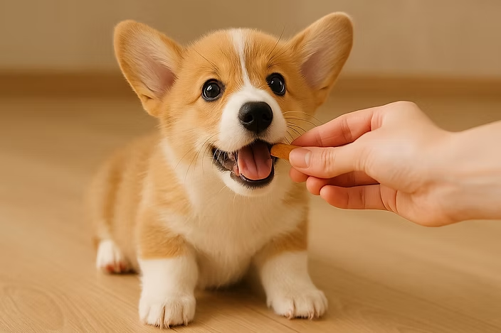 お菓子をもらって喜ぶ子犬