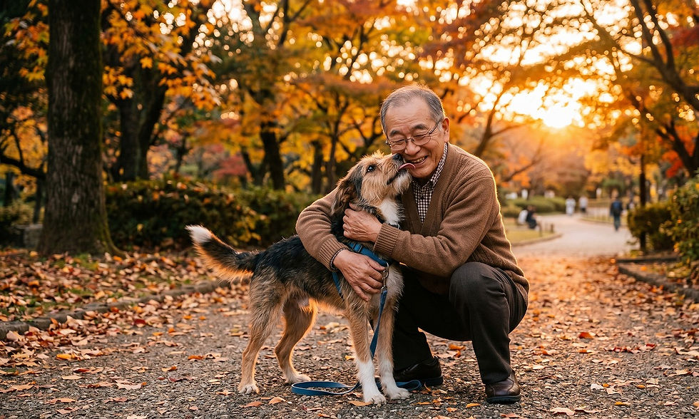 飼い主が個性的な顔立ちをした成犬のMIX犬を力強くギュッと抱きしめている