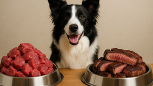 お肉を眺めるボーダーコリー