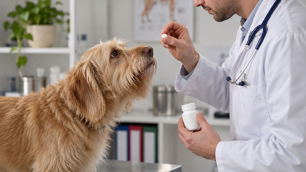 犬に薬を与える獣医師