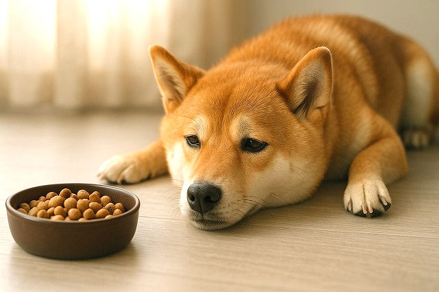 ドライフードを不安げに見つめる柴犬