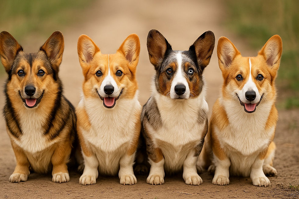 様々なカラーバリエーションのコーギー
