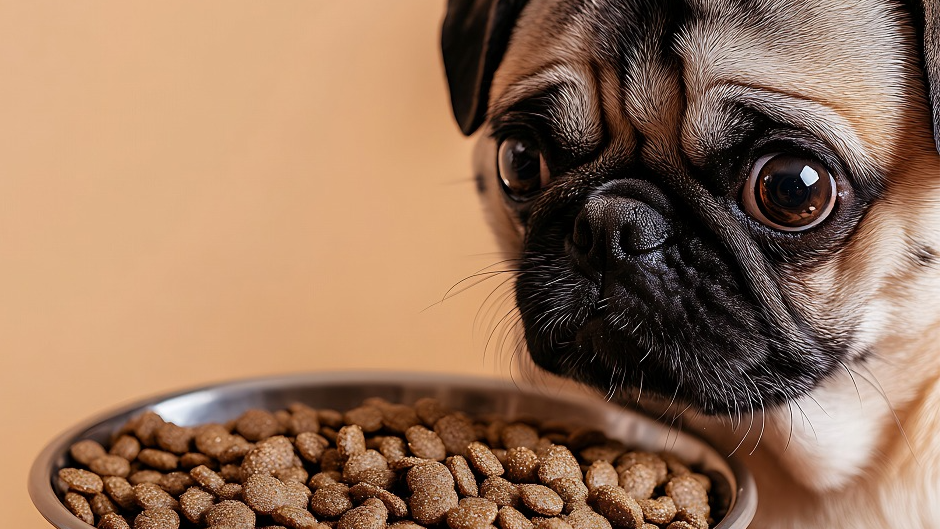 ドライドッグフードを見つめる犬