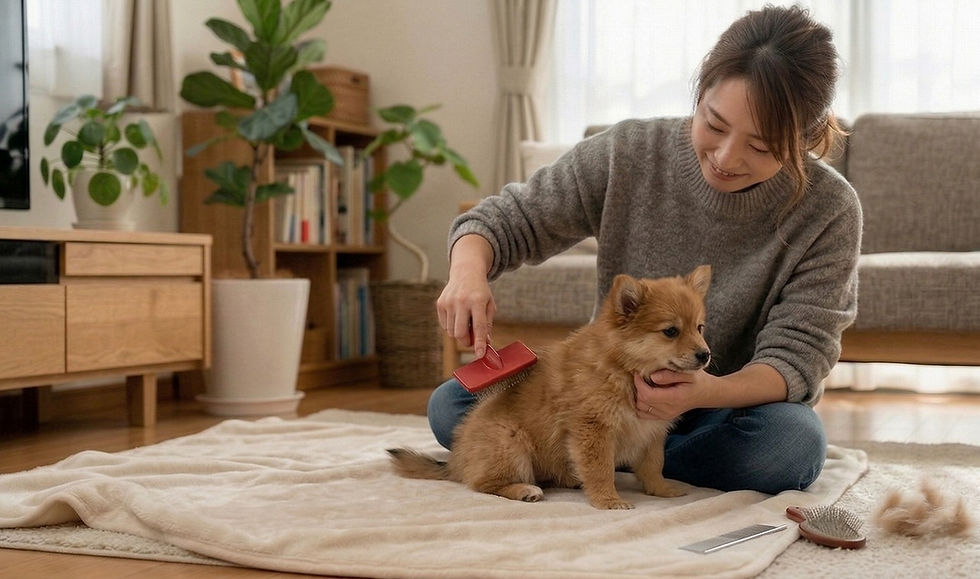 ブラッシングされるポメ柴