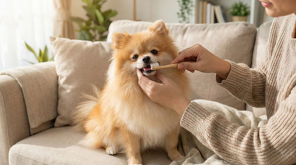 歯磨きするポメラニアン