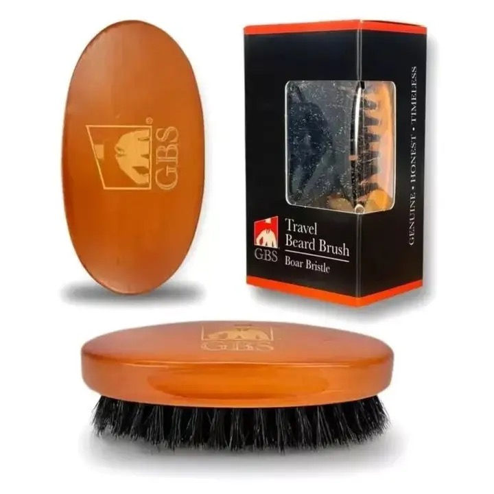 GBS Travel Beard Brush with boar bristles and wooden handle
