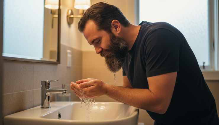 Eye-level view of a beard being rinsed with water over a sink