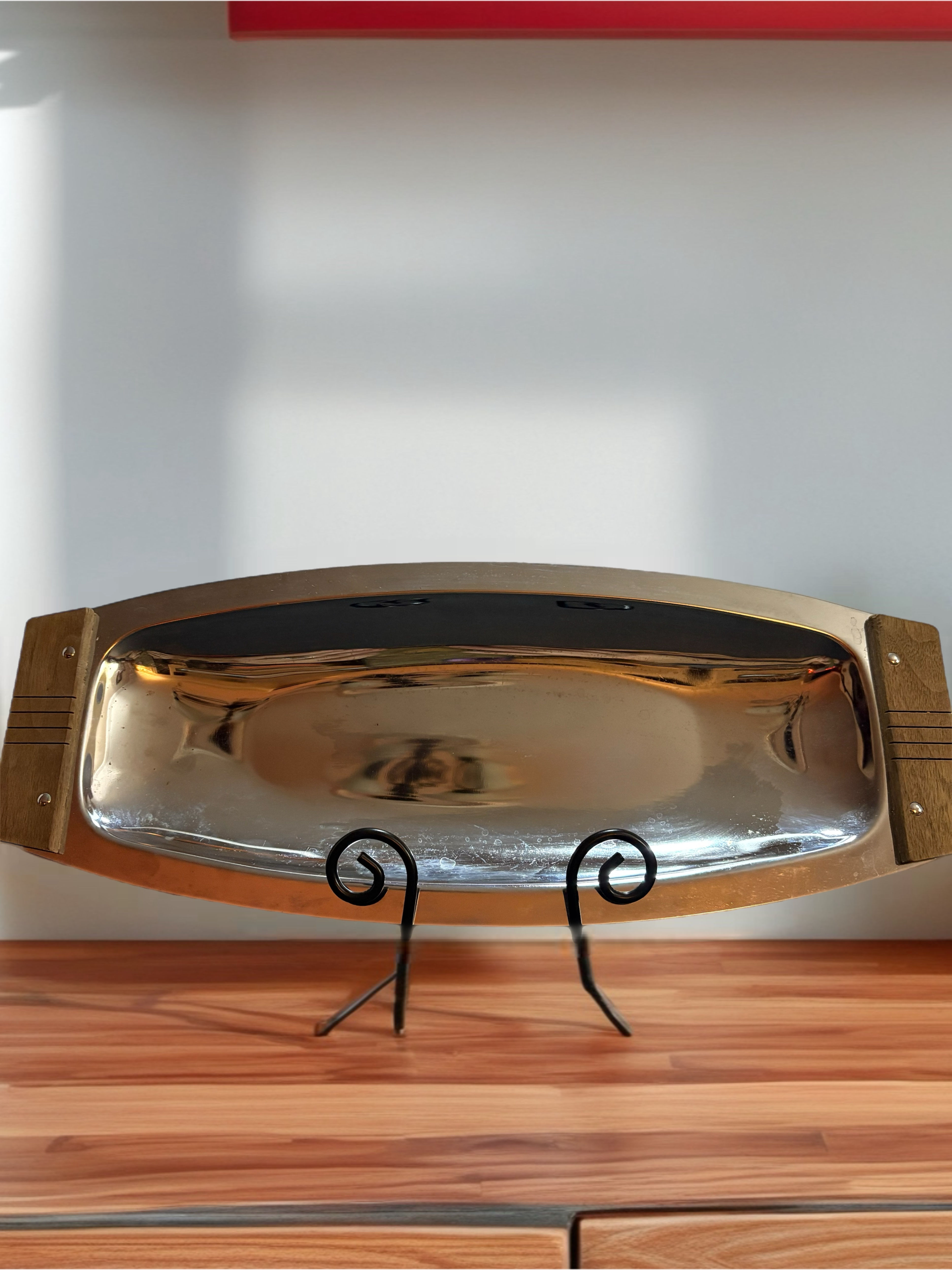 Vintage Kromex Mid Century Modern Aluminum Serving Tray with Wood Handles