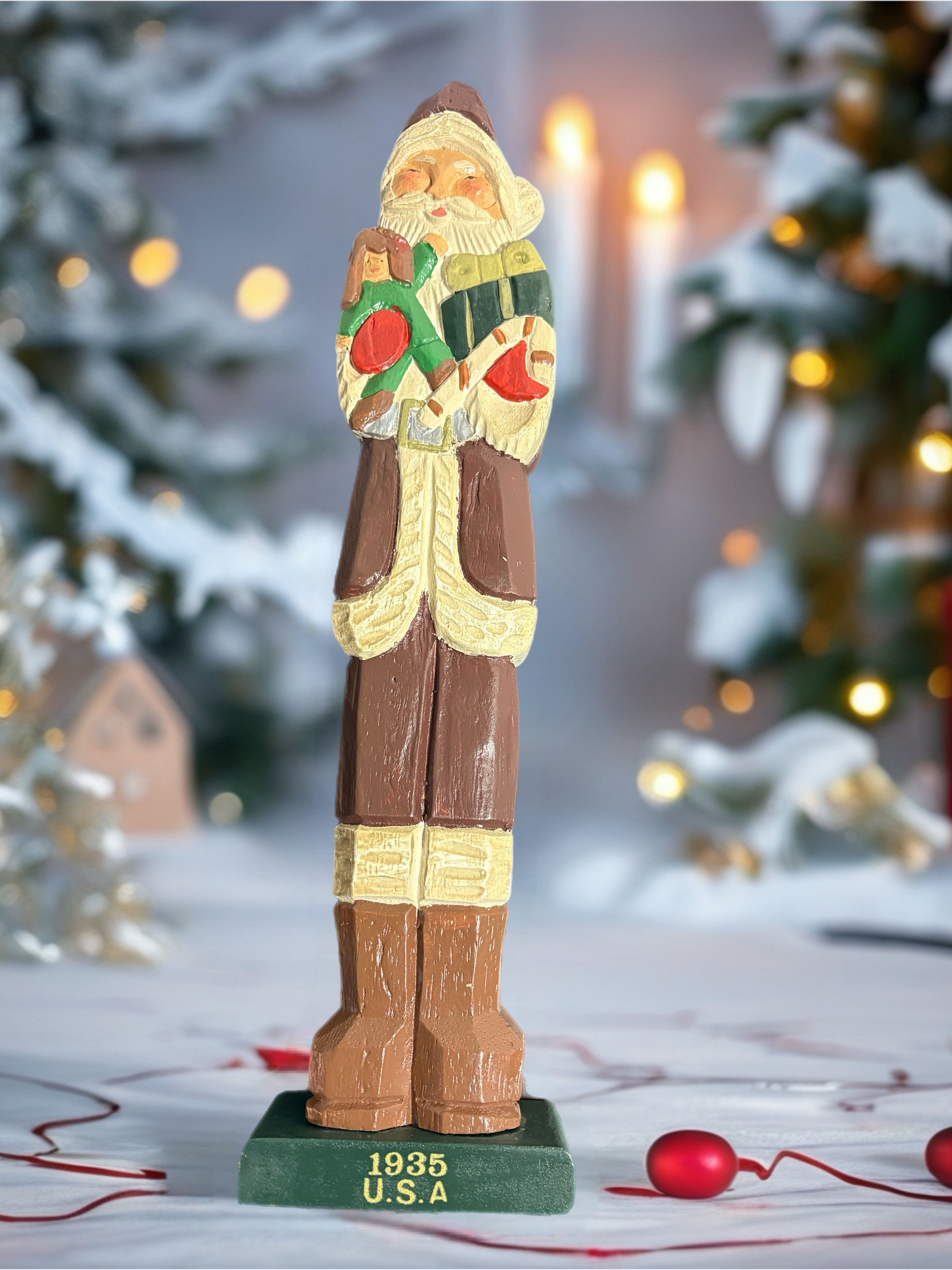 Hand-Carved Wooden Santa Figure – 16” Vintage Folk Art Decor (1935 Style)
