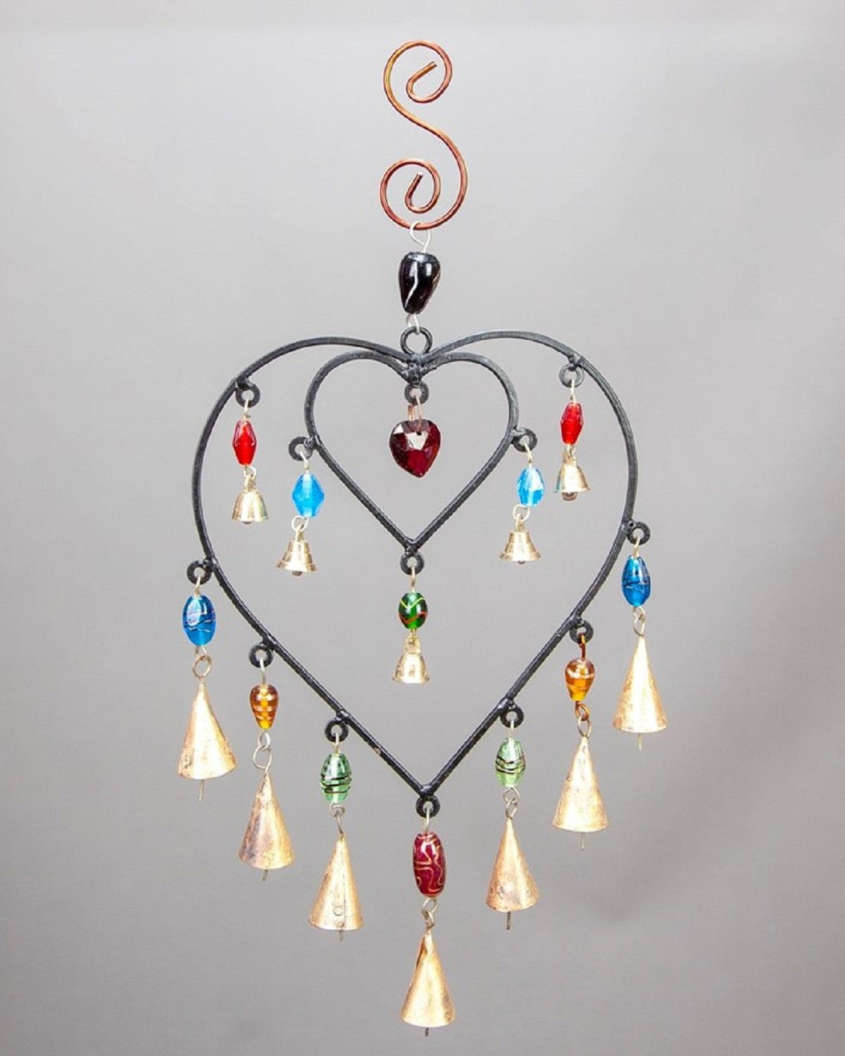 Double Heart Glass Beads Brass Bells Hanging