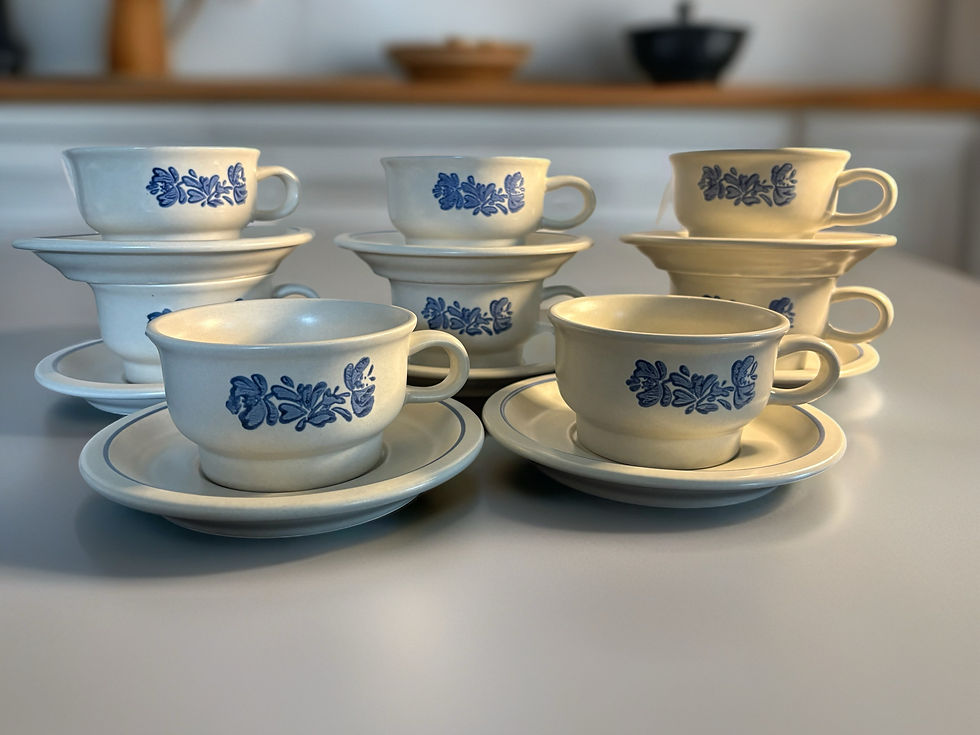 Vintage Pfaltzgraff cup and saucer set of 8 in cream stoneware with blue floral pattern