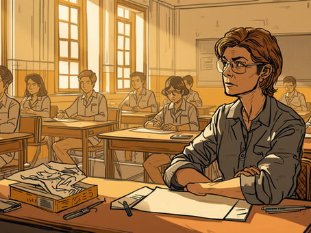 Illustrazione editoriale: un'aula scolastica italiana con alcuni banchi vuoti tra quelli occupati, un'insegnante osserva preoccupata i posti vuoti, stile fumetto