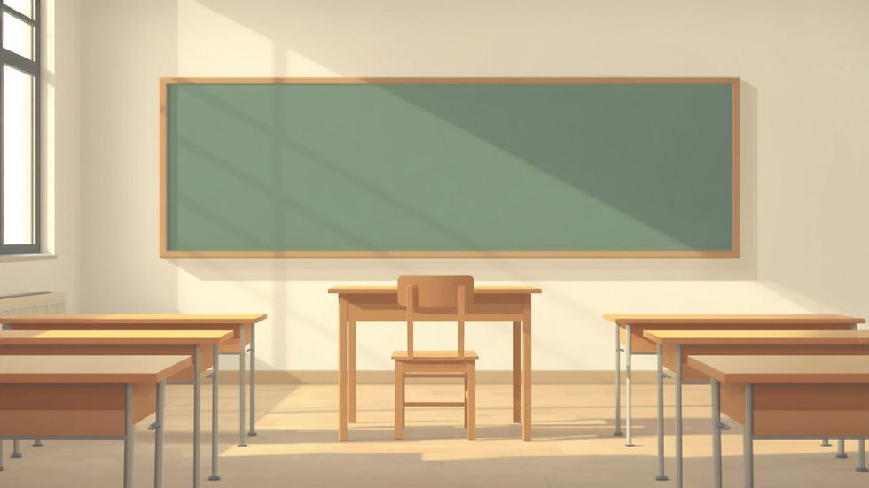 Aula scolastica vuota con cattedra e lavagna, illustrazione editoriale sulla carenza di docenti a inizio anno scolastico