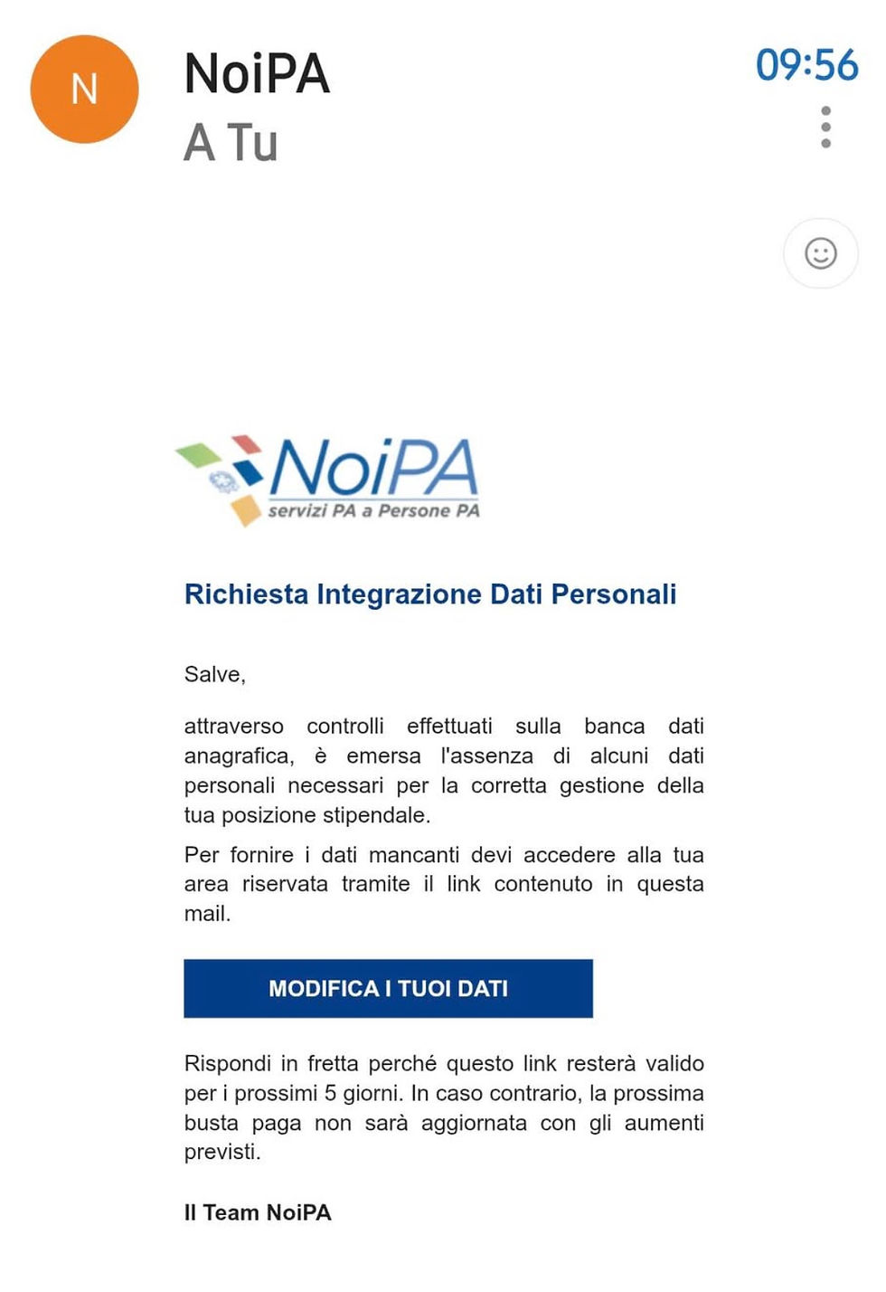 Esempio di falsa email inviata a nome di NoiPA che richiede un aggiornamento dati, utilizzata per tentativi di phishing ai danni dei docenti.