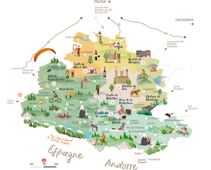 Carte des principaux sites touristiques à découvrir autour du Gîte Saint Paul en Ariège