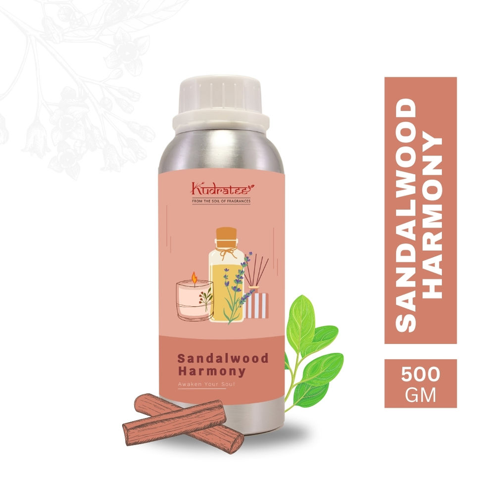 Kudratee Sandalwood Harmony Oil with a natural woody scent in a 500gm bottle.