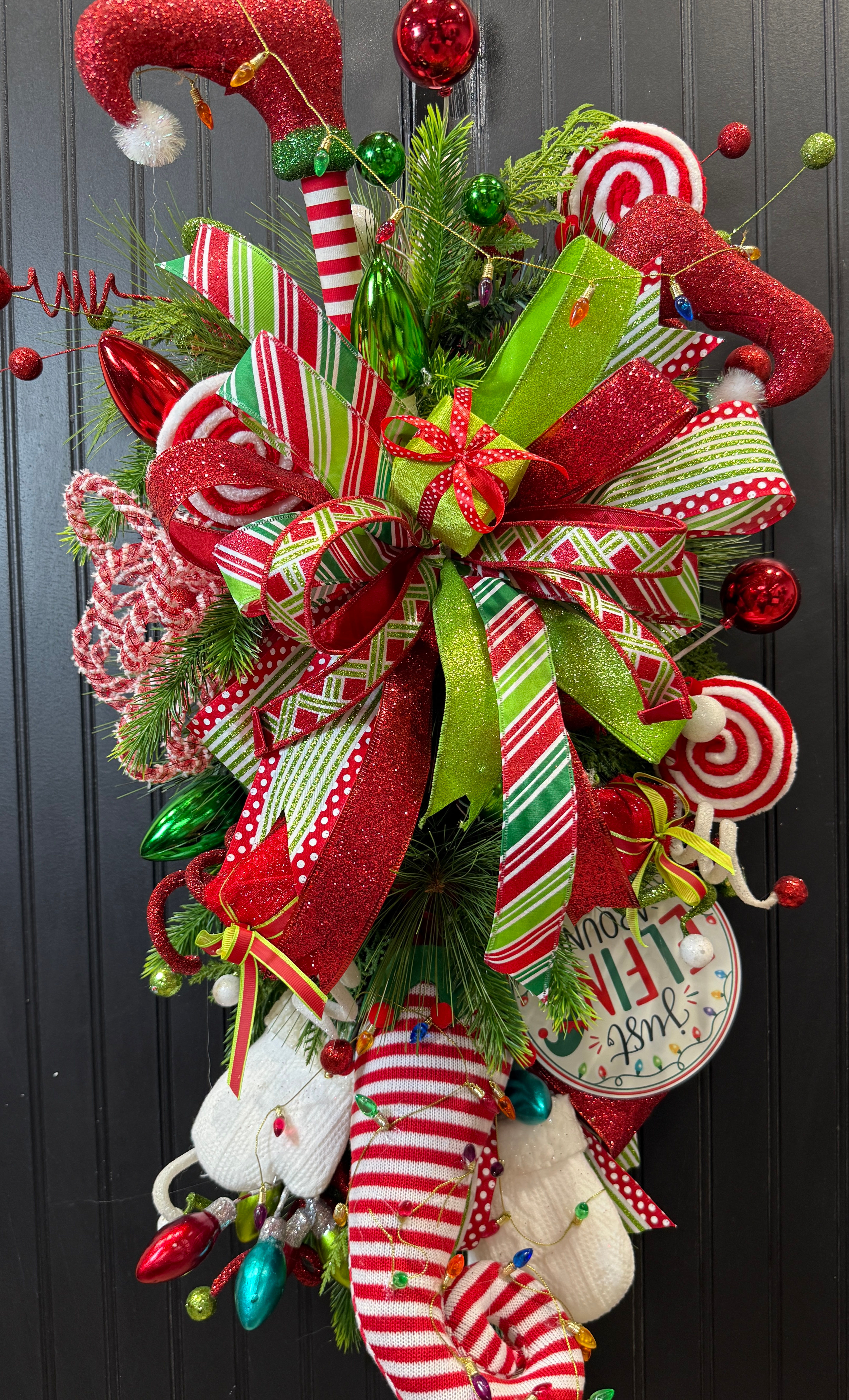 Whimsical Elf Christmas Swag- Red & Lime Green Holiday Decor