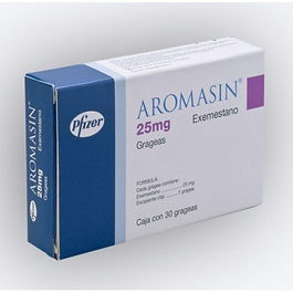 Box of Aromasin (25mg) by Pfizer, white and blue packaging. Text: Exemestano, Grageas, 30 tablets. Simple, clinical design.