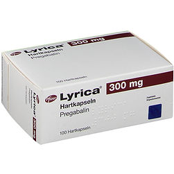 Box of Lyrica 300 mg capsules by Pfizer, labeled "Hartkapseln Pregabalin" in white and maroon with embossed dots and blue seal.