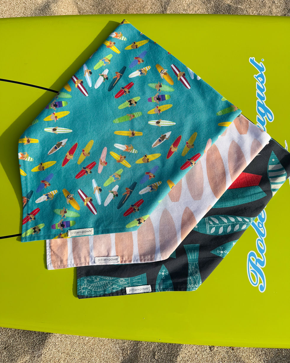 Thumbnail: three Summer surf themed classic tie-on dog bandanas