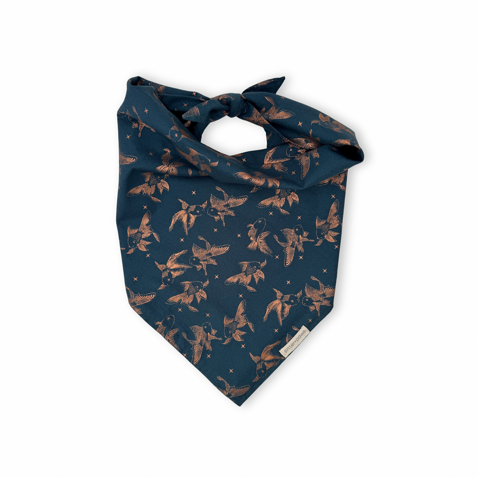 Thumbnail: Teal classic tie-on dog bandana with gold accented goldfish