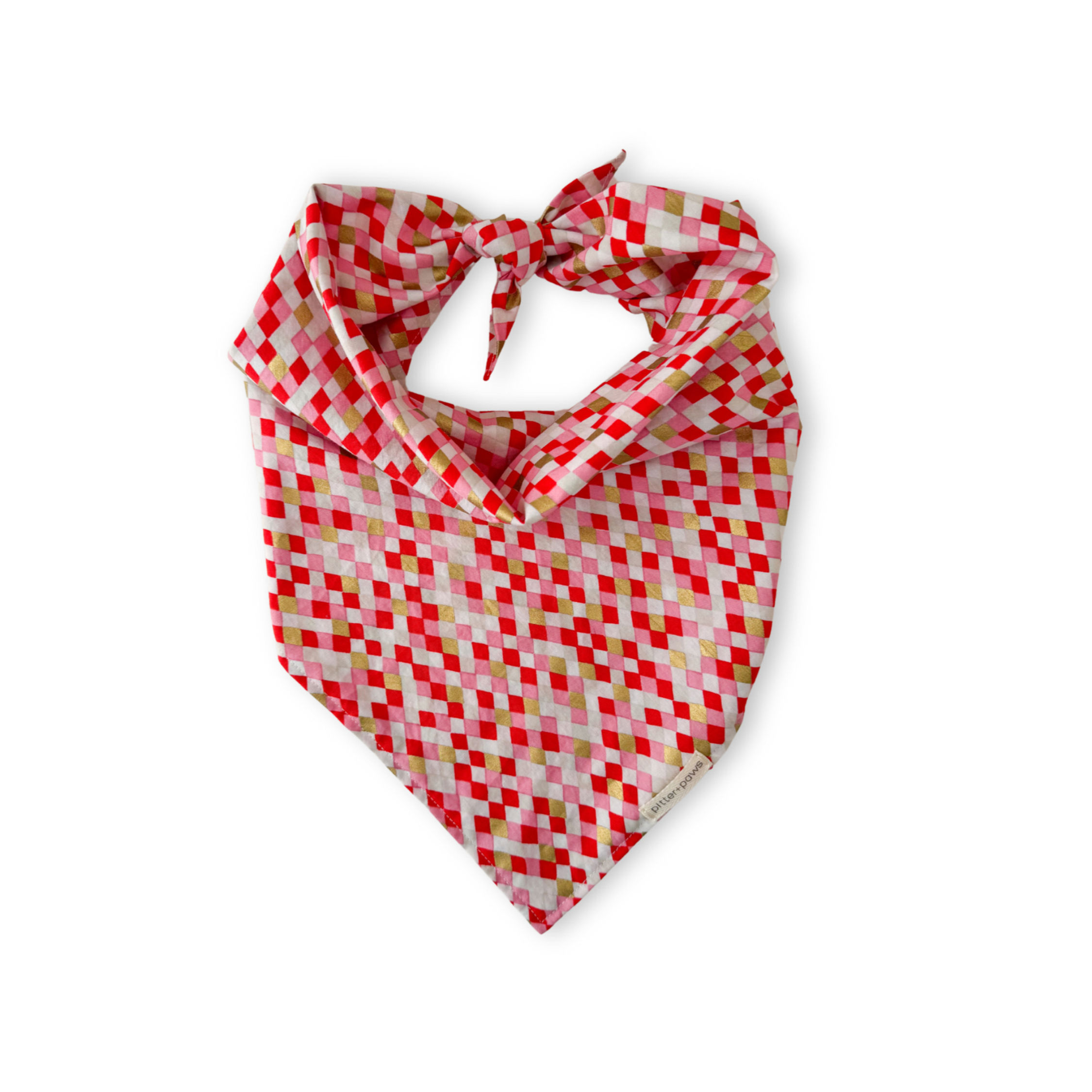 holiday dog bandana with gold metallic accents on a candy cane palette, fabric from Ruby Star Society