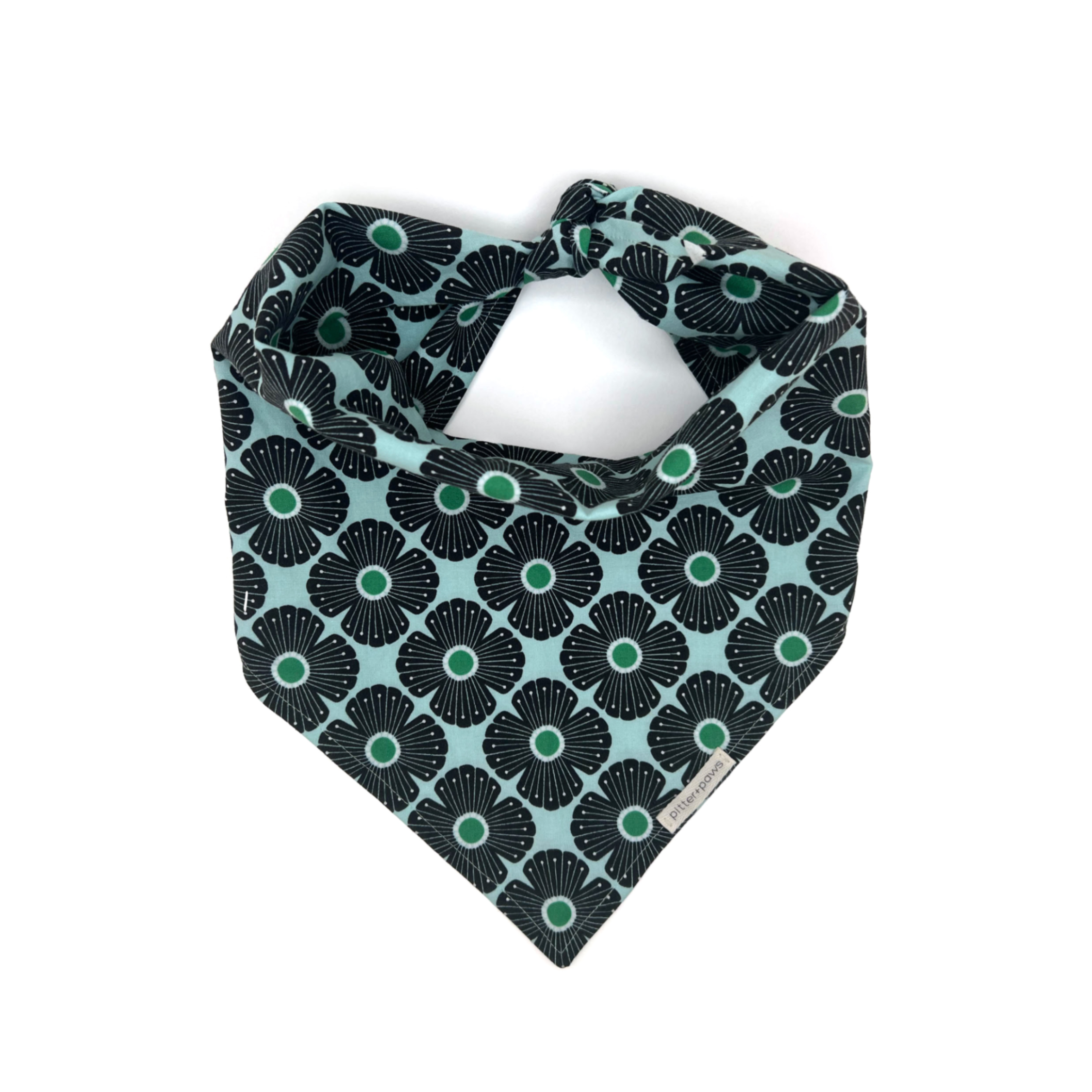 Spring themed classic tie-on dog bandana with black and green floral pattern