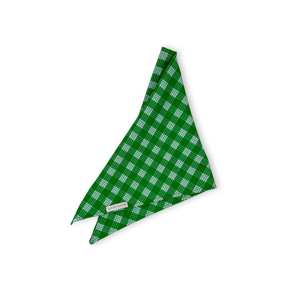 Kelly Green Palaka classic tie-on dog bandana with Hawaiian plaid design.