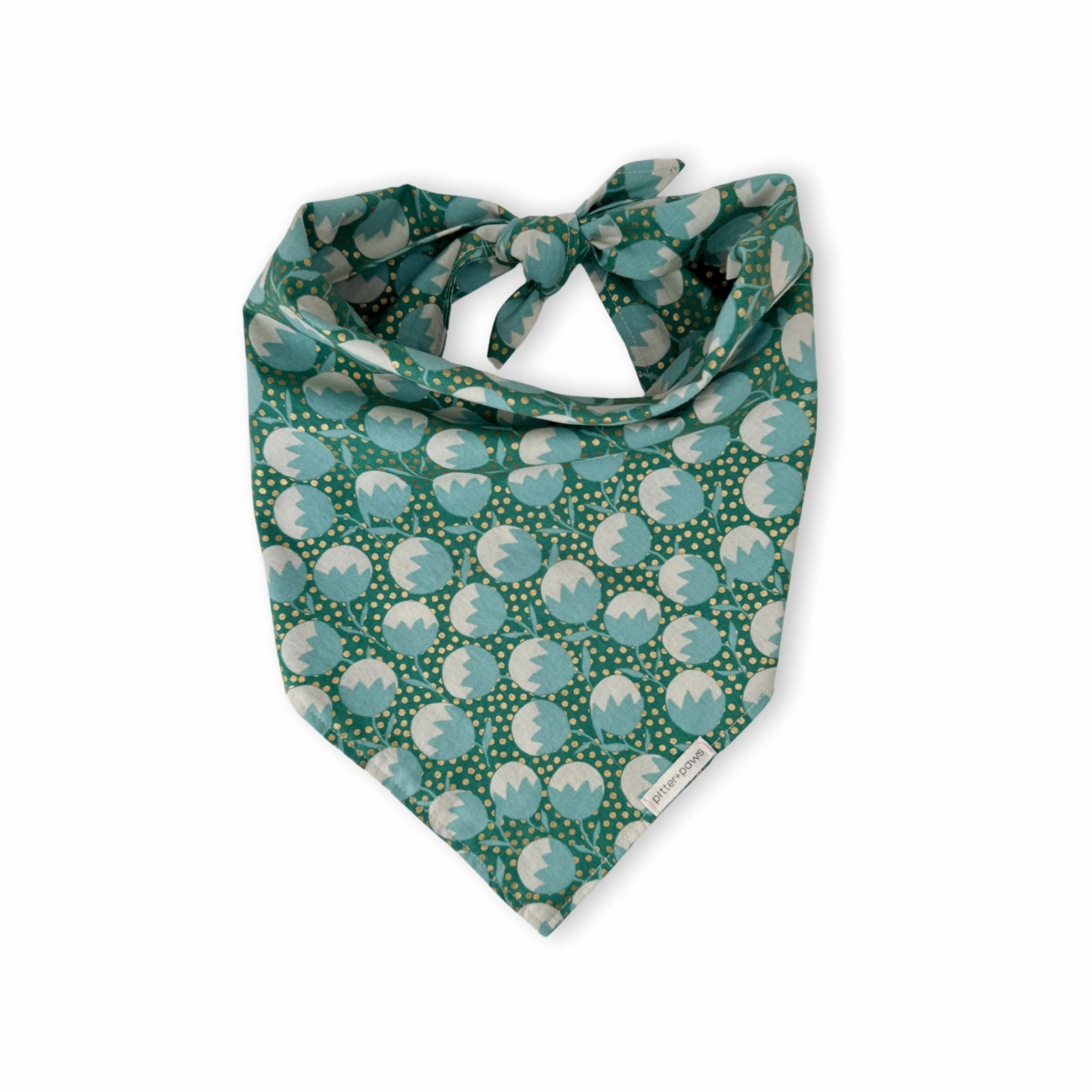 Green classic tie-on dog bandana with cotton balls and gold accents
