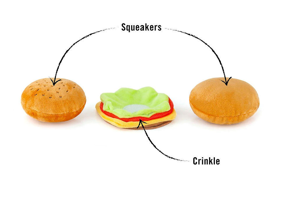 details of the barky burger dog enrichment toy from P.L.A.Y.