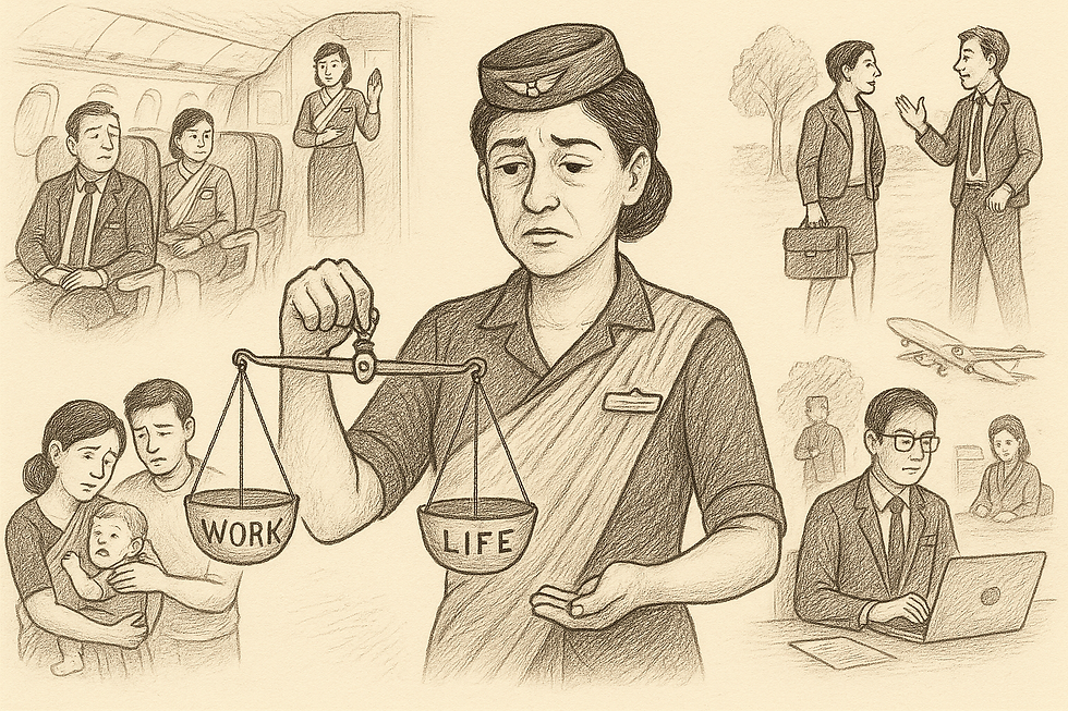 Sepia-toned hand-drawn sketch of a female flight attendant balancing professional duties and personal life—shown multitasking between a flight safety demonstration, caring for a child, and managing paperwork—representing the emotional and physical demands of work-life balance in aviation.