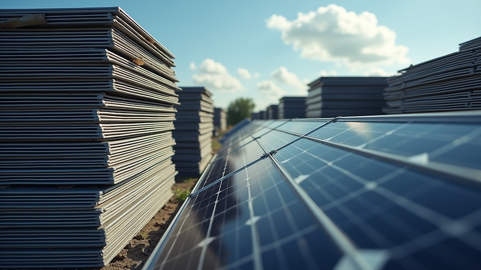 eye-level view of stacked used solar panels ready for recycling